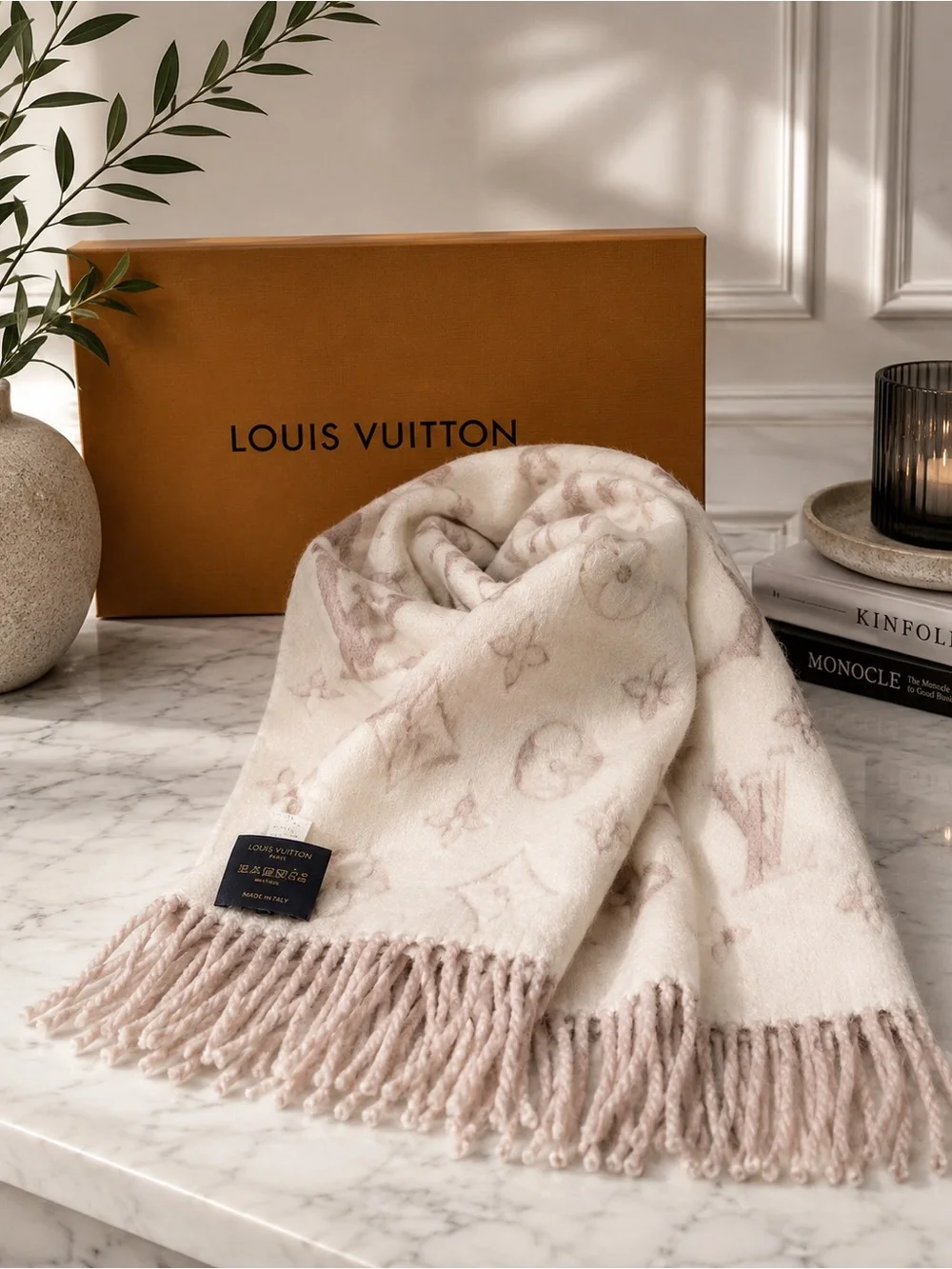 Louis Vuitton Simply LV Scarf M76966 Rose Pink Beige 100% Wool w/ Box & COA